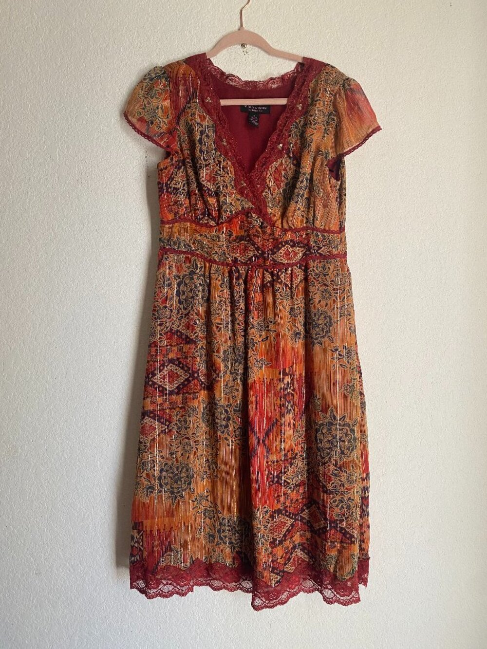 100% Silk Bohemian Paisley Lace-Trim Midi Gypsy Ethereal Dress Robbie Bee - Picture 2 of 11
